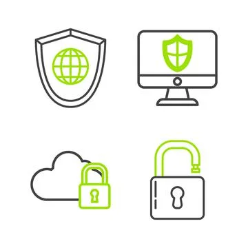Set line Open padlock, Cloud computing, Computer monitor and shield and Shield Illustrazione stock