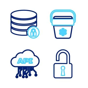 Set line Open padlock, Cloud api interface, Cooler bag and Server security with Stock Illustration
