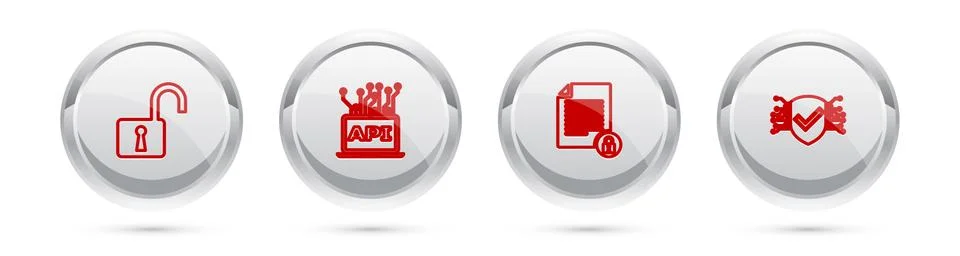 Set line Open padlock, Computer api interface, Document and and Cyber security Stockillustratie