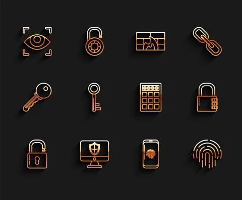 Set line Open padlock, Computer monitor and shield, Eye scan, Smartphone with Stock Illustration