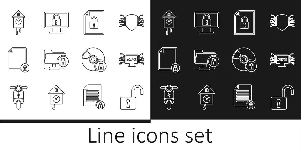 Set line Open padlock, Computer api interface, Document and, FTP folder, Re.. Illustrazione stock