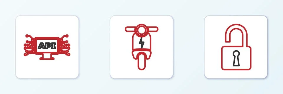 Set line Open padlock, Computer api interface and Electric scooter icon. Vect Illustrazione stock