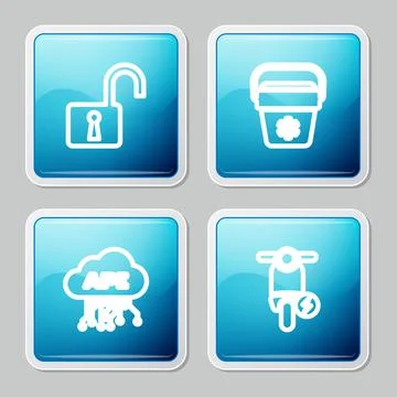 Set line Open padlock, Cooler bag, Cloud api interface and Electric scooter icon Stock Illustration