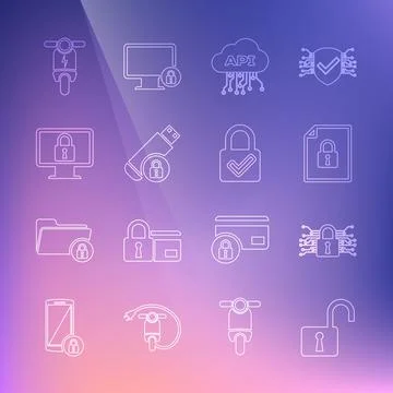 Set line Open padlock, Cyber security, Document and, Cloud api interface, USB Stock Illustration