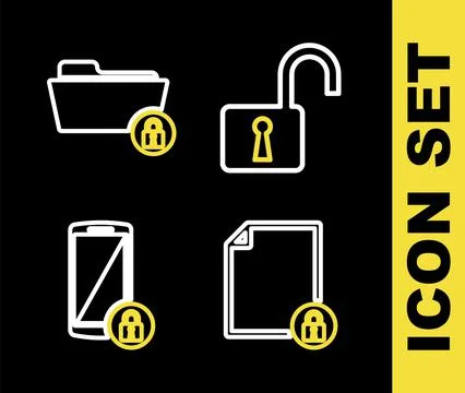 Set line Open padlock, Document and, Smartphone with and Folder icon. Vector Stock Illustration