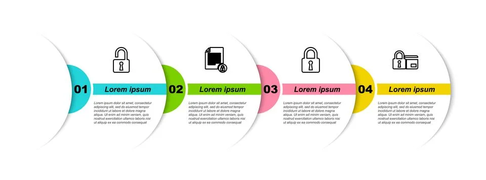 Set line Open padlock, Document and, Lock and Credit card with. Business info Stock Illustration