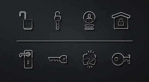 Set line Open padlock, Door handle, House under protection, Broken cracked, Key Illustration