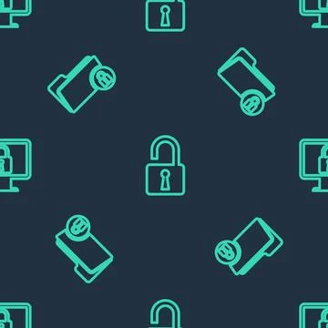 Set line Open padlock, Folder and and Lock on monitor on seamless pattern. Ve Stock Illustration