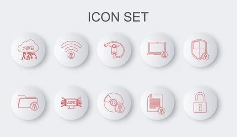 Set line Open padlock, Folder and, Electric scooter, Document, Cloud api in.. Stock Illustration