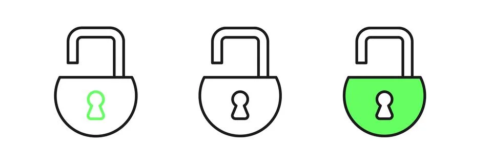 Set line Open padlock icon isolated on white background. Opened lock sign. .. Stock Illustration