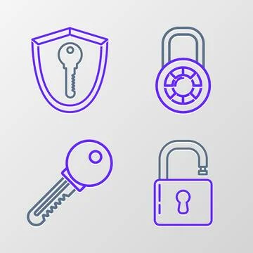 Set line Open padlock, Key, Safe combination wheel and Shield with key icon Stock Illustration