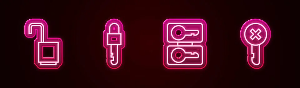 Set line Open padlock, Locked key, Casting keys and Wrong. Glowing neon icon Illustrazione stock