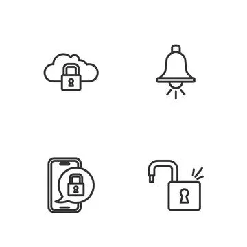 Set line Open padlock, Mobile with closed, Cloud computing and Ringing alarm Stock Illustration