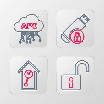 Set line Open padlock, Retro wall watch, USB flash drive with and Cloud api i 스톡 일러스트