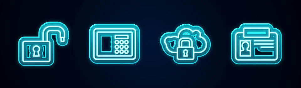 Set line Open padlock, Safe, Cloud computing and Identification badge. Glowing Stock Illustration