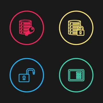 Set line Open padlock, Safe, Server security with and key icon. Vector Stock Illustration