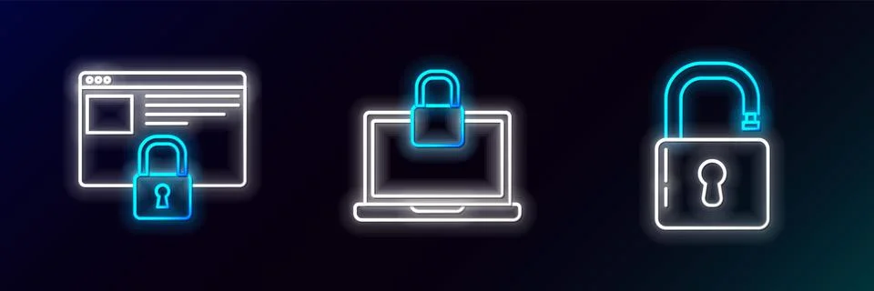 Set line Open padlock, Secure your site with HTTPS, SSL and Laptop and icon Illustration