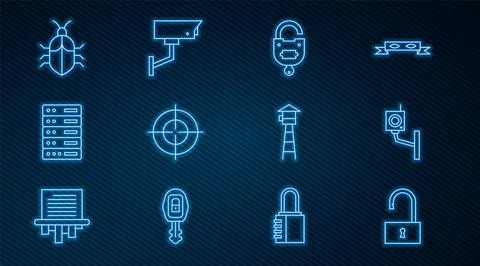 Set line Open padlock, Security camera, Lock and key, Target sport, Server, Data Stock Illustration