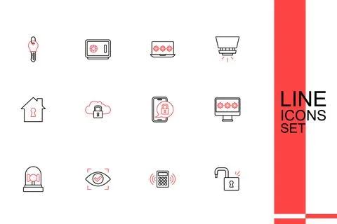 Set line Open padlock, Security keypad access panel, Eye scan, Ringing alar.. 스톡 일러스트