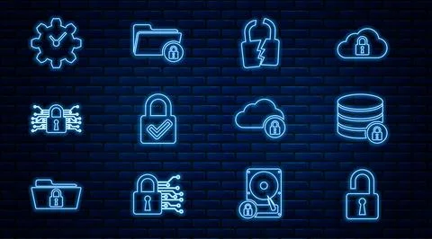 Set line Open padlock, Server security with, Broken or cracked, Lock and check Stock Illustration