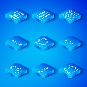 Set line Open padlock, Shield, Flasher siren, Key, Binary code, Bullet, Safe and Stock Illustration