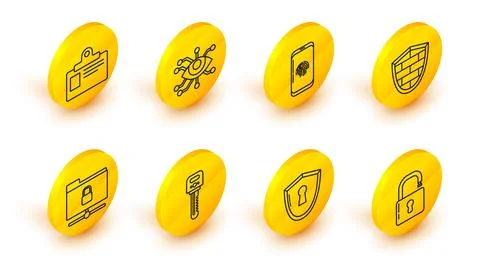 Set line Open padlock, Shield with keyhole, Key, FTP folder and, cyber secu.. Illustrazione stock