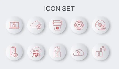 Set line Open padlock, Smartphone with, Cooler bag, Cloud computing, Laptop.. Stockillustratie