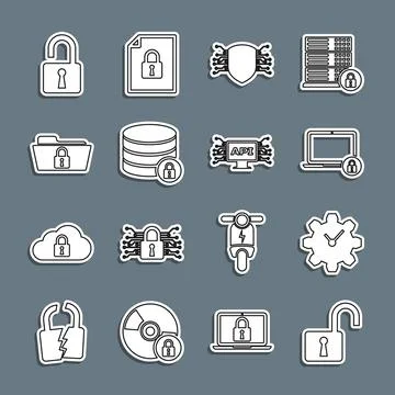 Set line Open padlock, Time Management, Laptop and, Cyber security, Server with 스톡 일러스트