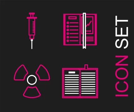 Set line Open science book, Radioactive, Notebook and Syringe icon. Vector Stock Illustration