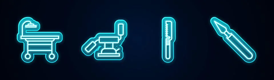 Set line Operating table, Medical dental chair, saw and surgery scalpel. Glowing Stock Illustration