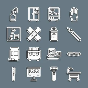 Set line Operating table, Safety goggle glasses, Medical surgery scalpel Stock Illustration