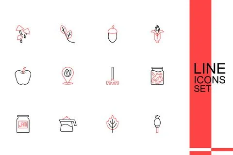 Set line Opium poppy, Leaf, Teapot, Jam jar, Pickled cucumbers in, Garden r.. Stock Illustration