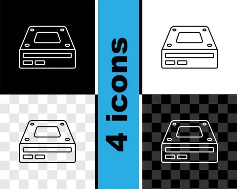Set line Optical disc drive icon isolated on black and white, transparent Stock Illustration