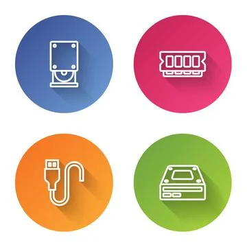 Set line Optical disc drive, RAM, random access memory, USB cable cord and Illustrazione stock