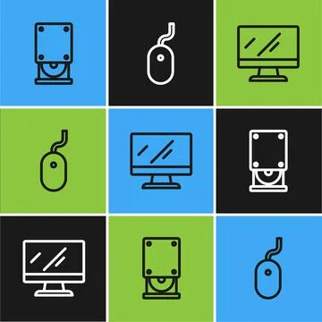 Set line Optical disc drive, Computer monitor screen and mouse icon. Vector Stock Illustration