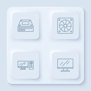 Set line Optical disc drive, Computer cooler, monitor and screen. White square 스톡 일러스트