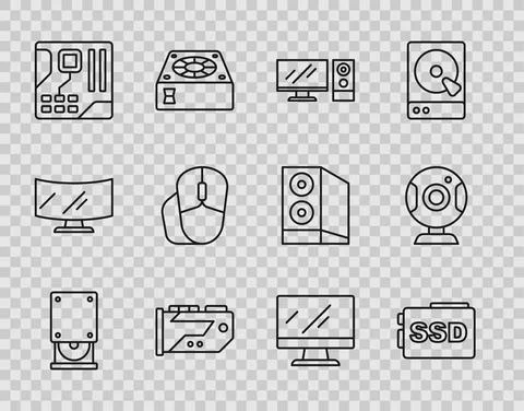 Set line Optical disc drive, SSD card, Computer monitor, Video graphic Illustrazione stock