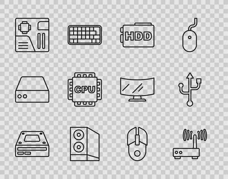 Set line Optical disc drive, Router and wi-fi signal, Hard disk HDD, Case of Stock Illustration