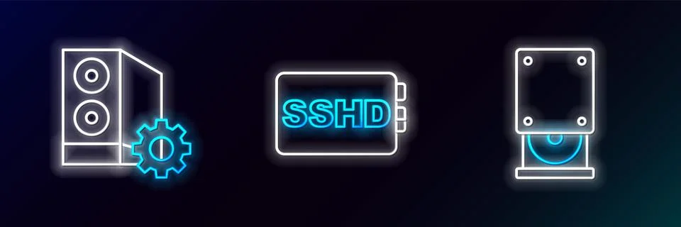 Set line Optical disc drive, Case of computer and SSHD card icon. Glowing neo Illustrazione stock