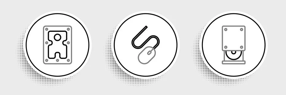 Set line Optical disc drive, Hard disk HDD and Computer mouse icon. Vector Illustrazione stock