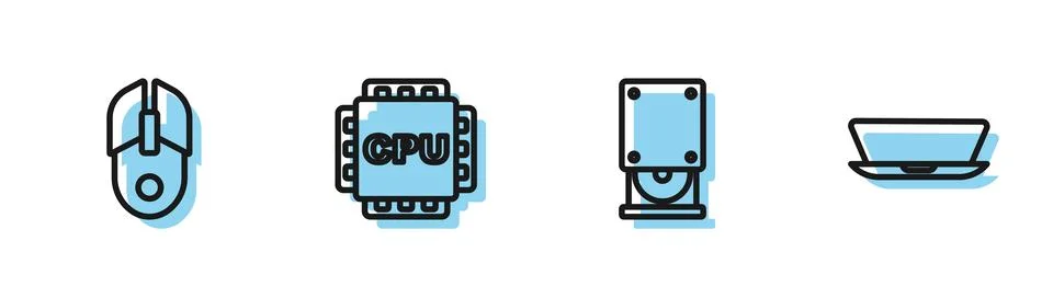 Set line Optical disc drive, Computer mouse, Processor with CPU and Laptop icon Stock Illustration