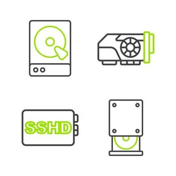 Set line Optical disc drive, SSHD card, Video graphic and Hard disk HDD icon Illustrazione stock