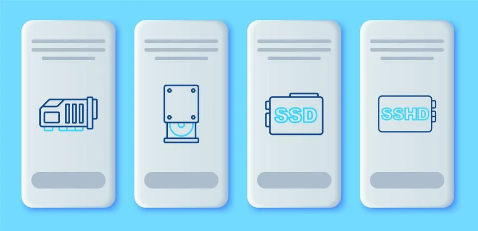 Set line Optical disc drive, SSD card, Video graphic and SSHD icon. Vector Stock Illustration