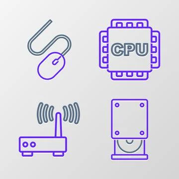 Set line Optical disc drive, Router and wi-fi signal, Processor with CPU an.. Stock Illustration