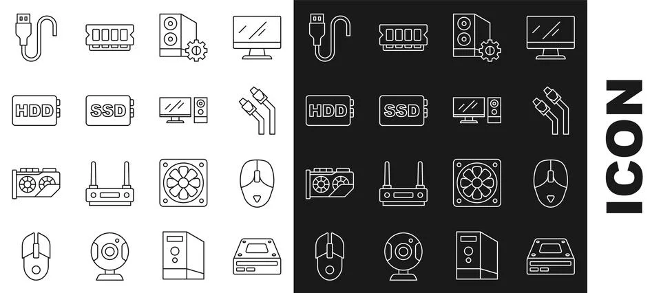 Set line Optical disc drive, Computer mouse, LAN cable network internet, Ca.. Illustrazione stock
