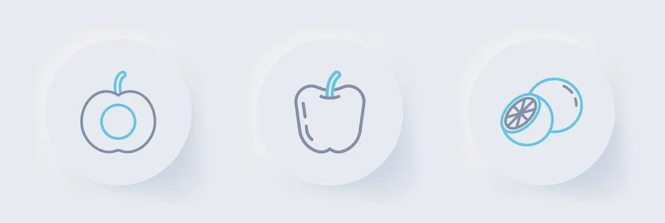 Set line Orange fruit, Apple and Peach icon. Vector Stock Illustration
