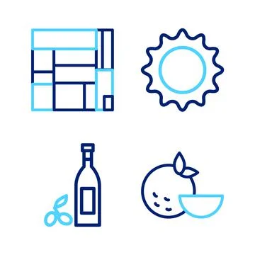 Set line Orange fruit, Bottle of olive oil, Sun and House Edificio Mirador icon Иллюстрация
