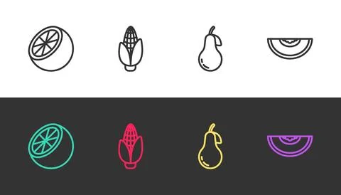 Set line Orange fruit, Corn, Pear and Melon on black and white. Vector Stock Illustration