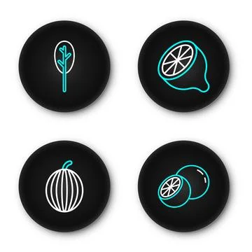 Set line Orange fruit, Watermelon, Lemon and Spinach icon. Vector Stock Illustration