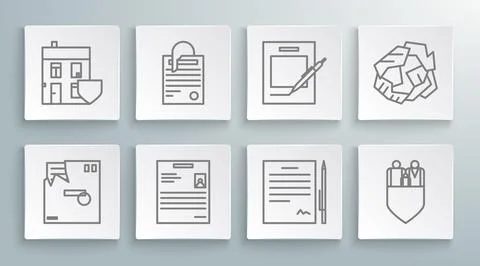 Set line Ordered envelope, File document and paper clip, Personal, Contract w Illustrazione stock